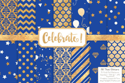 Celebrate Gold Glitter Digital Papers in Royal Blue