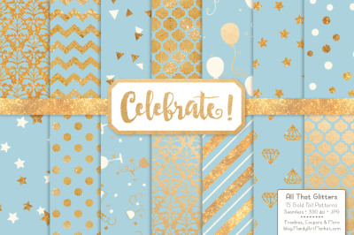 Celebrate Gold Glitter Digital Papers in Soft Blue