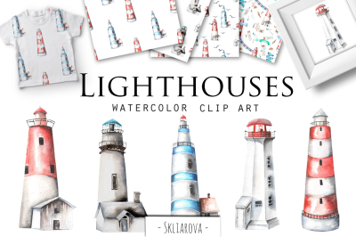 Lighthouses. Watercolor clip art.