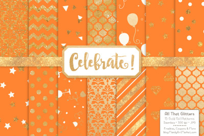 Celebrate Gold Glitter Digital Papers in Tangerine