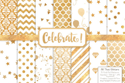 Celebrate Gold Glitter Digital Papers in White