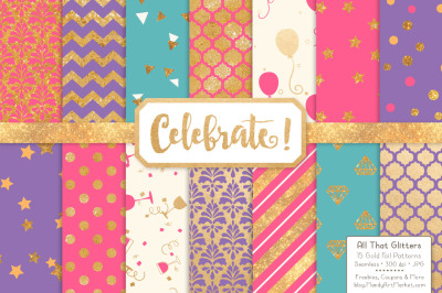Celebrate Gold Glitter Digital Papers in Crayon Box