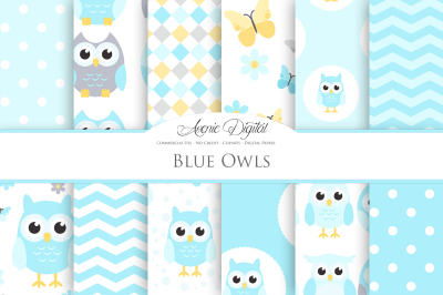 Cute Blue Owl Digital Paper