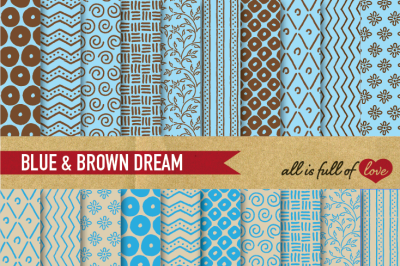  Hand draw Blue Brown Digital Paper Pack: Dream Collection