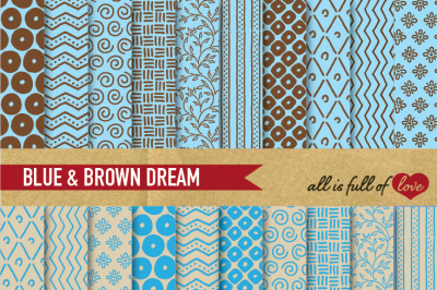  Hand draw Blue Brown Digital Paper Pack&3A; Dream Collection