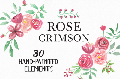 30 Watercolour Clipart Elements Spring Summer Wedding Hand Painted Rose Crimson Pieces