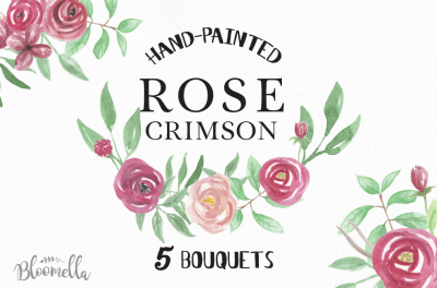Watercolor Red Rose Crimson Bouquets Hand Painted Pretty Flowers Clipart Leaves