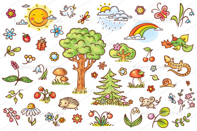 Cartoon nature set with trees, flowers, berries and small forest animals