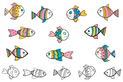 Cute doodle fish clipart set, Hand drawn sea animal clip art