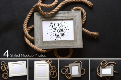 Nautical Rustic Rope And Wood Picture Frames On Chalkboard Background Mockup