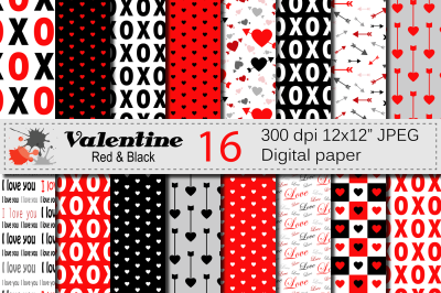 Red and Black Valentine Digital paper Pack with hearts and arrows 