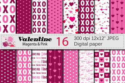 Magenta and Pink Valentine Digital paper Pack with hearts and arrows