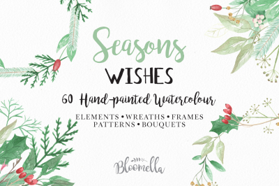Watercolor Seasons Wishes Christmas Package - 62 Hand Painted Clipart