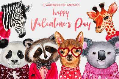 Valentine's Day. Watercolor animals