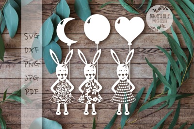 Bunnies with Balloons Cutting File SVG DXF PNG PDF JPG