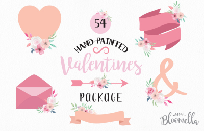 Valentines HUGE Package - 54 Elements Hand Painted Watercolor Pink 