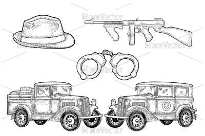 Retro police car sedan with sheriff star and pickup truck with wood ba