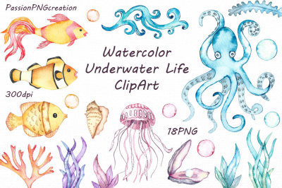 Watercolor Underwater Life Clipart