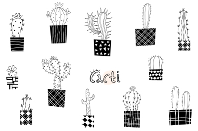 Cute modern cactus clipart, Black and white hand drawn cacti clip art