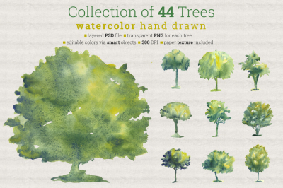 Collection of 44 Watercolor Trees