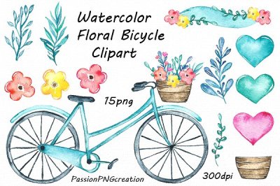 Watercolor Floral Bicycle Clipart