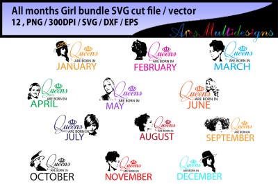 all months girl SVG vector bundle / Eps / Png / Dxf / jan girl, feb gi