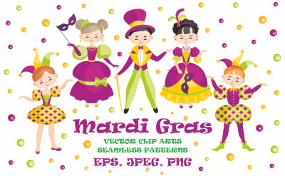 Mardi Gras mini set. Vector clip arts and seamless patterns.
