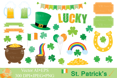 St Patrick`s Day Clipart / Irish Clip art / Shamrock Clover Vector