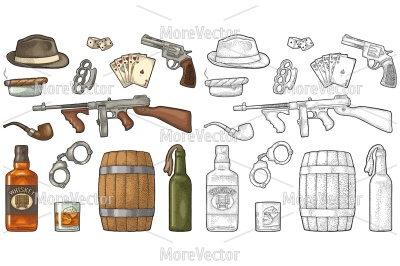 Gangster mafia set. Engraving vintage vector color illustration.
