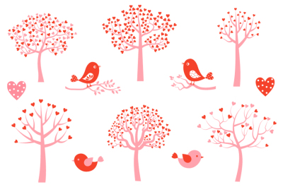 Cute love trees and birds clipart, Valentine tree clip art wedding