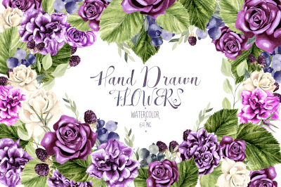 Hand Drawn Watercolor FLOWERS 43 PNG&VECTOR