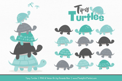 Sweet Stacks Tipsy Turtles Stack Clipart in Aqua & Pewter