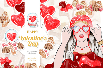 Valentine's Day, Watercolor Collection, Candy, Girl, Heart, Balloons, 