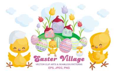 Easter village. Vector clip arts and seamless patterns.