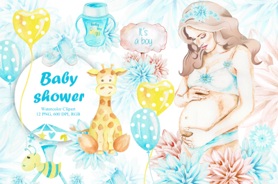Baby Shower, Watercolor, It is a boy, Pregnancy Handpainted Clipart