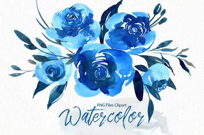 Watercolor Indigo Blue Roses Flowers PNG