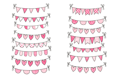 Cute Valentine doodle buntings clipart set, Love heart banner clip art