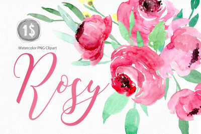 Watercolor Pink Flowers Peony Roses Collection for $1 only