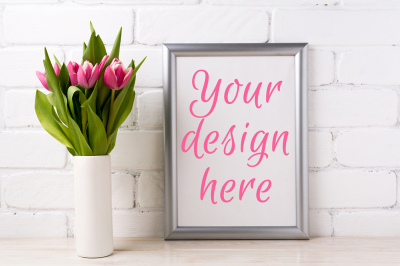 Silver frame mockup with bright pink tulips bouquet in vase