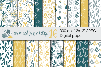 Seamless Green and Yellow Hand Drawn Flowers and Leaves Digital Paper