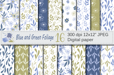 Seamless Blue and Green Hand Drawn Flowers and Leaves Digital Paper