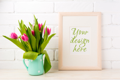 Wooden frame mockup with bright pink tulips