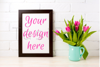 Black brown &nbsp;frame mockup with bright pink tulips bouquet