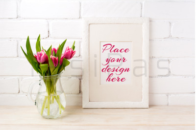 White frame mockup with magenta pink tulips bouquet