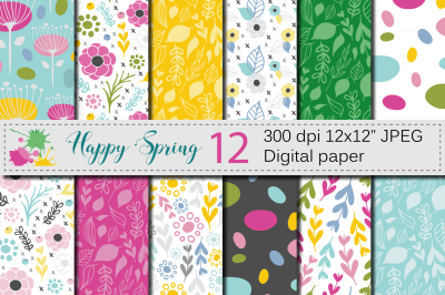 Seamless Bright Spring Digital Paper / Hand drawn floral patterns