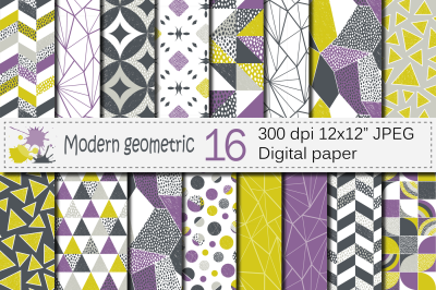 Seamless Modern Geometric Digital Paper / Patterns - Purple Lime Gray