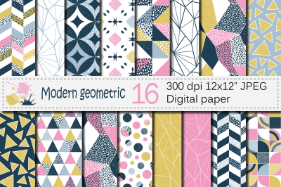 Seamless Modern Geometric Digital Paper / Patterns - Pink Blue Gold