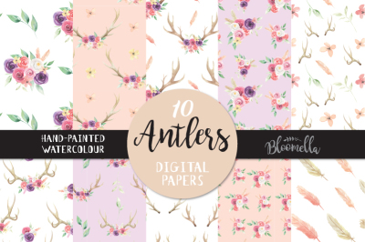 Watercolor Antler Peach Pastel Patterns Seamless Digital Papers Floral