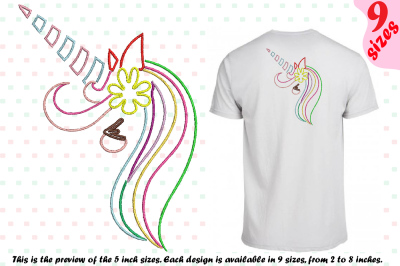 Unicorn Outline Embroidery Design cute happy girl horn cute smily 180b
