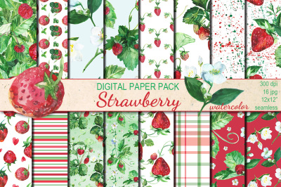 Watercolor Strawberry seamless digital patterns